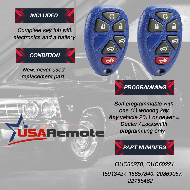 USARemote جهاز تحكم عن بُعد للدخول بدون مفتاح يناسب شيفروليه تاهو 2007-2014 / سوبربان / كاديلاك إسكاليد / جي إم سي يوكون (أزرق)، مجموعة من 2 - Image 3